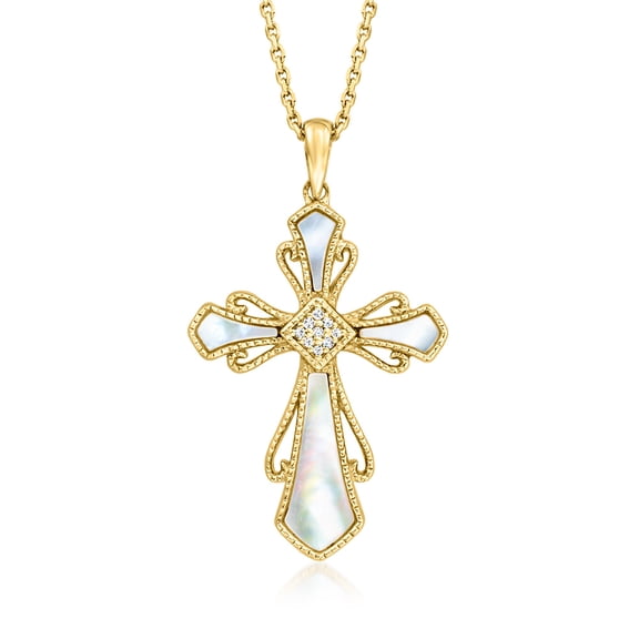 Ross-Simons Mother-Of-Pearl Cross Pendant Necklace With Diamonds in 18kt Gold Over Sterling, Women's, Adult