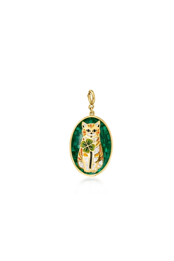Mother-Of-Pearl, Malachite and Multicolored Enamel Cat With Clover Mosaic Charm in 18kt Gold Over Sterling, Women's, Adult