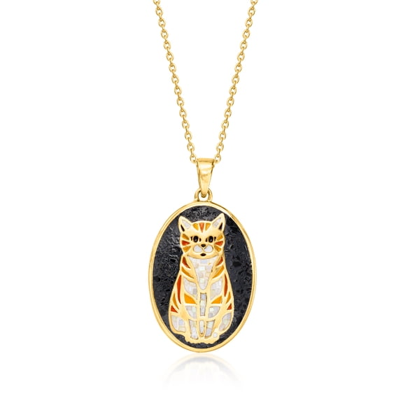 Ross-Simons Mother-Of-Pearl, Onyx and Orange Enamel Cat Mosaic Pendant Necklace in 18kt Gold Over Sterling, Women's, Adult