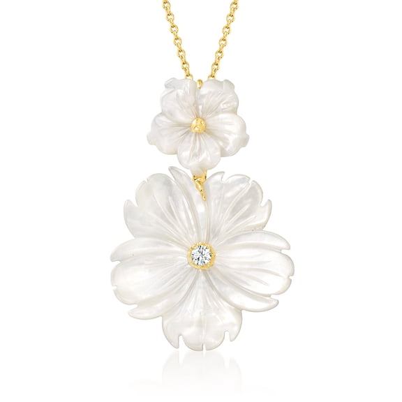 Ross-Simons Mother-Of-Pearl and .10 Carat White Topaz Flower Pendant Necklace in 18kt Gold Over Sterling, Women's, Adult