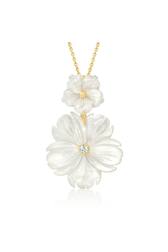 Mother-Of-Pearl and .10 Carat White Topaz Flower Pendant Necklace in 18kt Gold Over Sterling, Women's, Adult