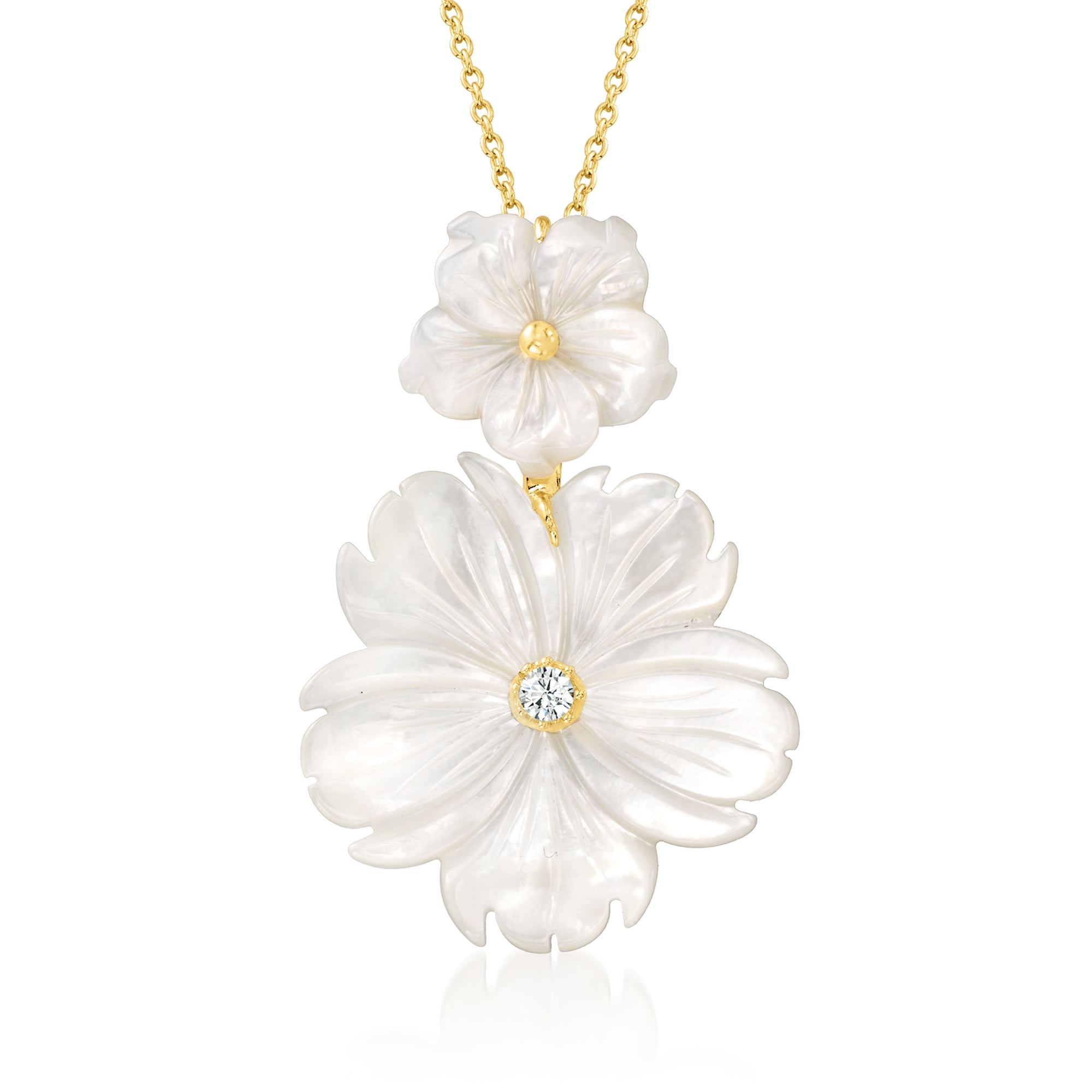 Mother-of-Pearl and .10 Carat White Topaz Flower Pendant Necklace in 18kt  Gold Over Sterling. 16