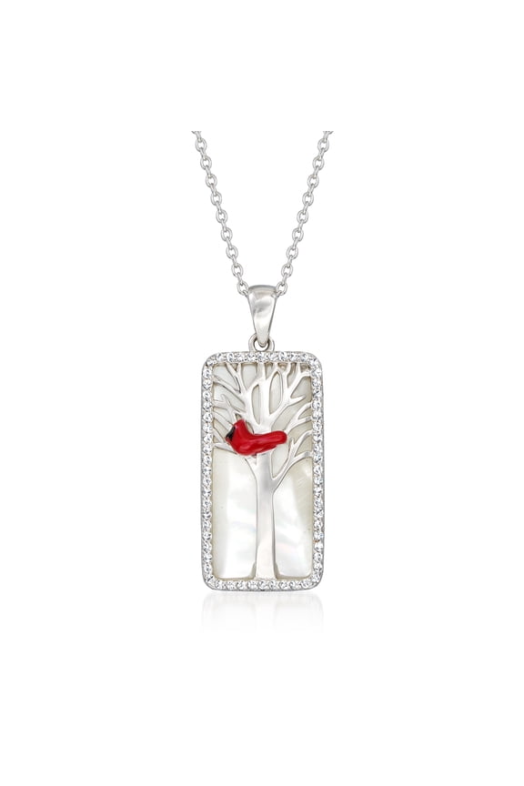 Mother-Of-Pearl and .30 ct. t.w. White Topaz Cardinal Pendant Necklace With Multicolored Enamel in Sterling Silver, Women's, Adult