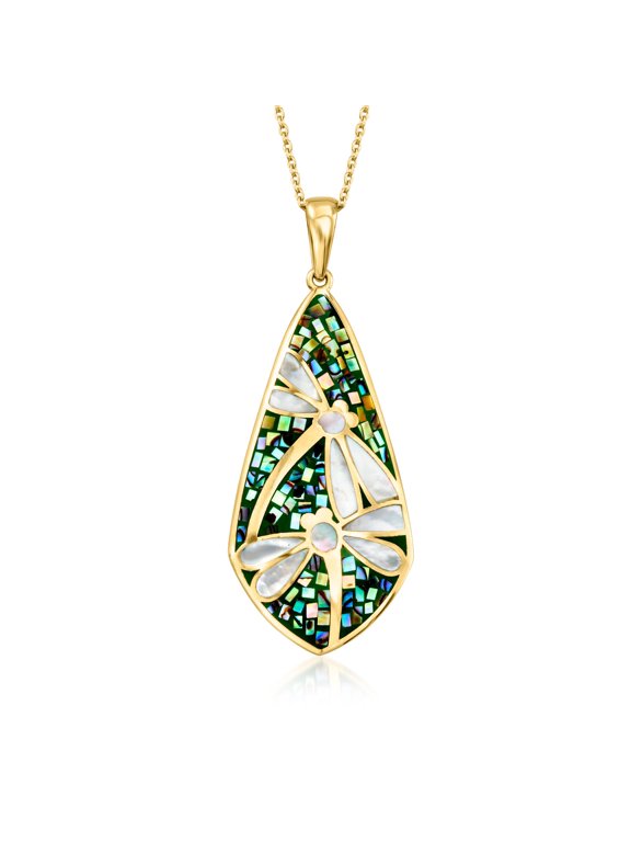 Mother-Of-Pearl and Abalone Shell Dragonfly Mosaic Pendant Necklace in 18kt Gold Over Sterling, Women's, Adult