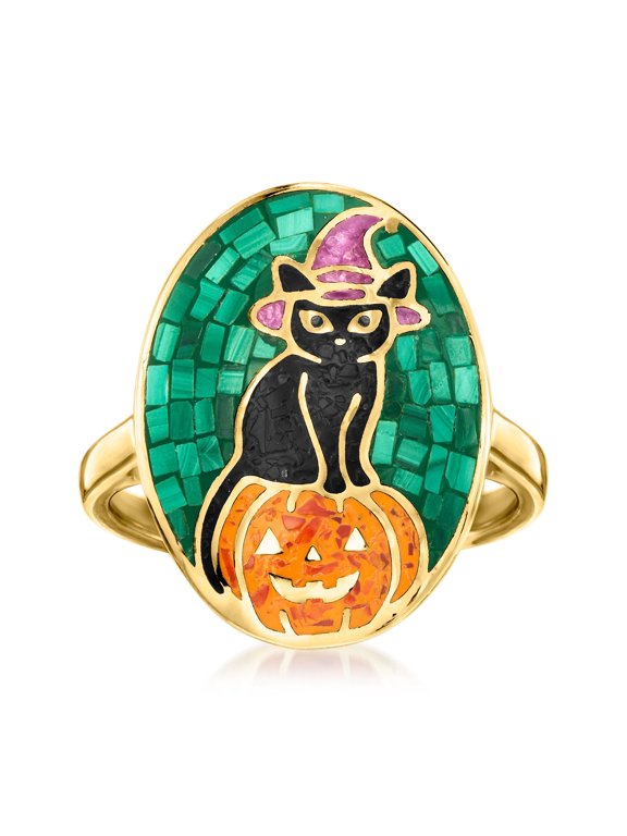 Multi-Gemstone Halloween Cat and Pumpkin Mosaic Ring in 18kt Gold Over Sterling, Women's, Adult