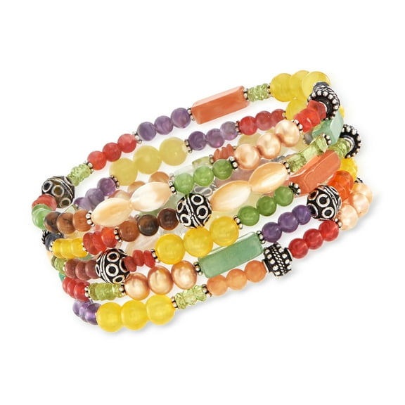 Ross-Simons Multi-Gemstone Jewelry Set: 5 Bead Stretch Bracelets With Sterling Silver, Women's, Adult