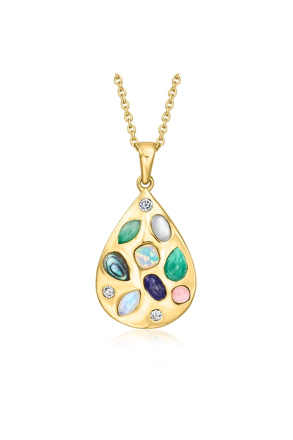 Multi-Gemstone Teardrop Pendant Necklace With .18 ct. t.w. Lab-Grown Diamonds in 18kt Gold Over Sterling, Women's, Adult