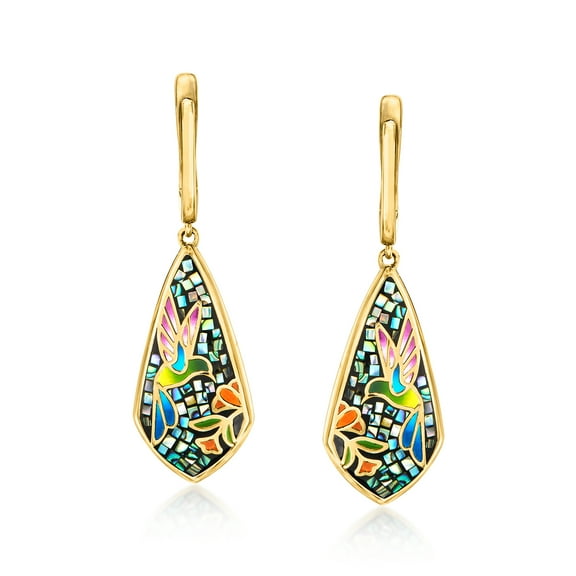 Ross-Simons Multicolored Enamel and Abalone Shell Hummingbird Mosaic Drop Earrings in 18kt Gold Over Sterling, Women's, Adult