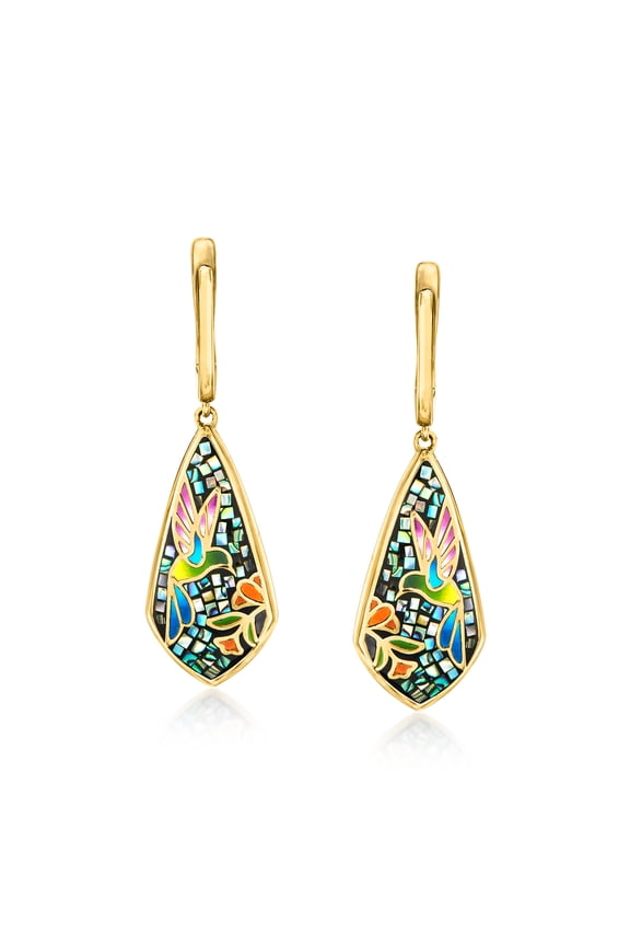 Multicolored Enamel and Abalone Shell Hummingbird Mosaic Drop Earrings in 18kt Gold Over Sterling, Women's, Adult