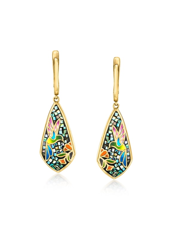 Multicolored Enamel and Abalone Shell Hummingbird Mosaic Drop Earrings in 18kt Gold Over Sterling, Women's, Adult