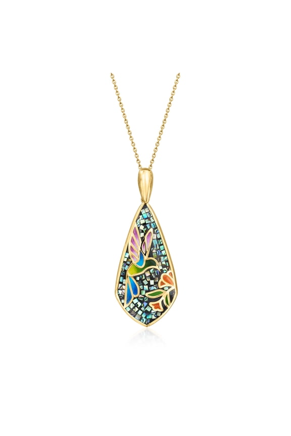 Multicolored Enamel and Abalone Shell Hummingbird Mosaic Pendant Necklace in 18kt Gold Over Sterling, Women's, Adult