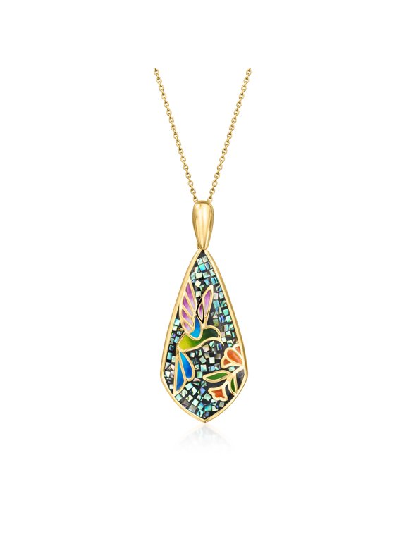 Multicolored Enamel and Abalone Shell Hummingbird Mosaic Pendant Necklace in 18kt Gold Over Sterling, Women's, Adult