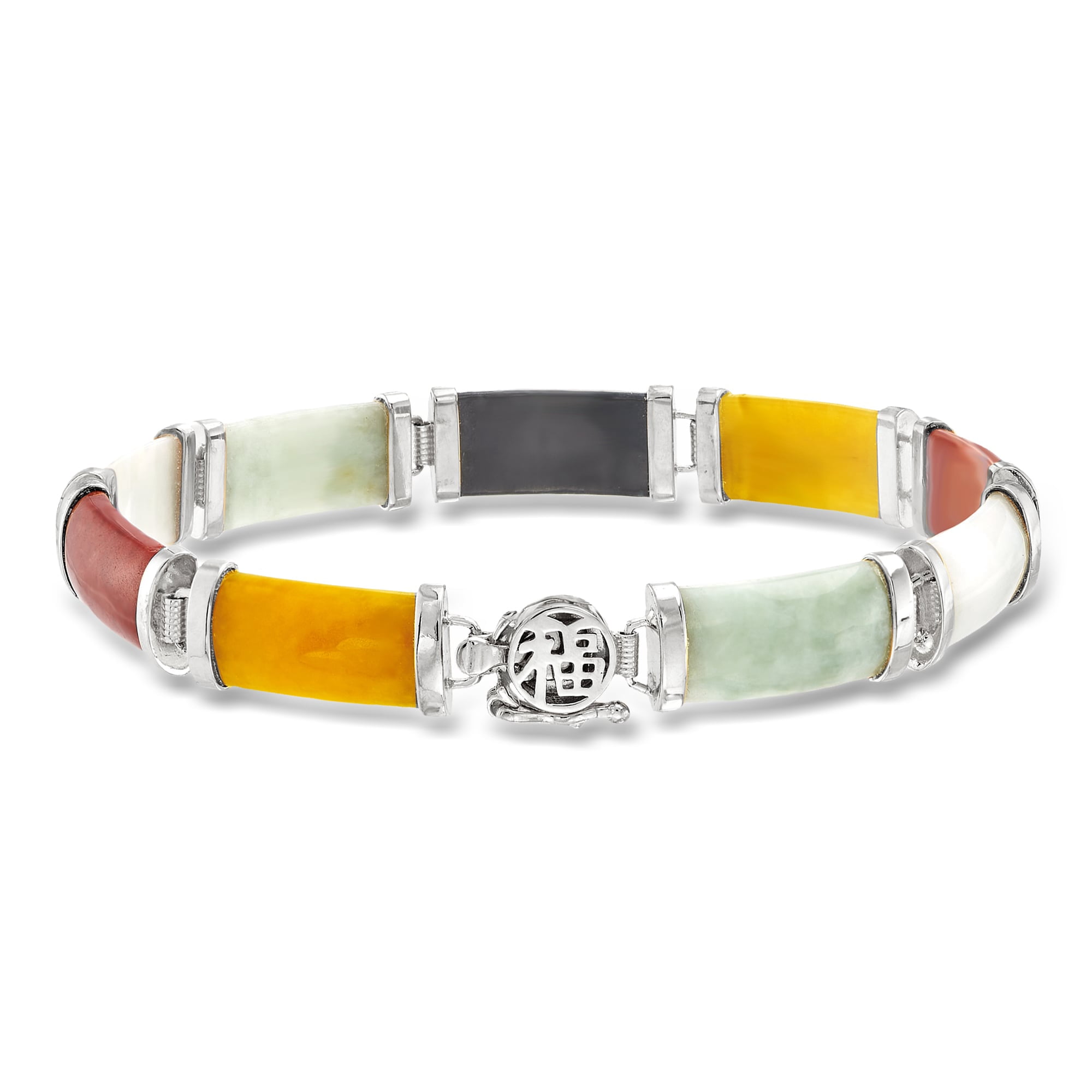 Ross-Simons Multicolored Jade "Good Fortune" Bracelet in Sterling Silver, Women's, Adult