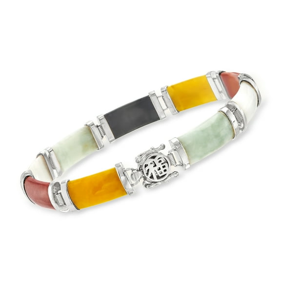 Ross-Simons Multicolored Jade "Good Fortune" Bracelet in Sterling Silver, Women's, Adult