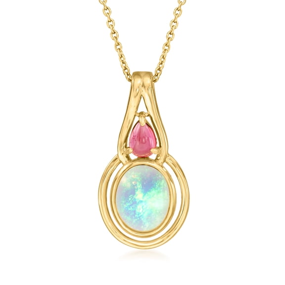 Ross-Simons Opal and .50 ct. t.w. Pink Tourmaline Pendant Necklace in 18kt Gold Over Sterling, Women's, Adult
