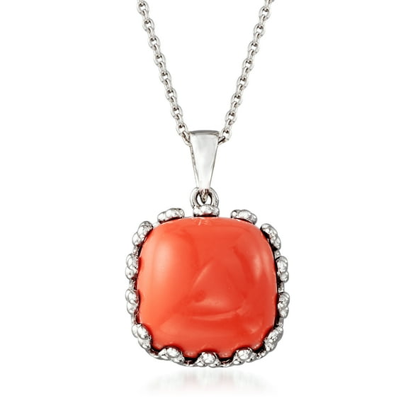 Ross-Simons Orange Coral Square Pendant Necklace in Sterling Silver, Women's, Adult