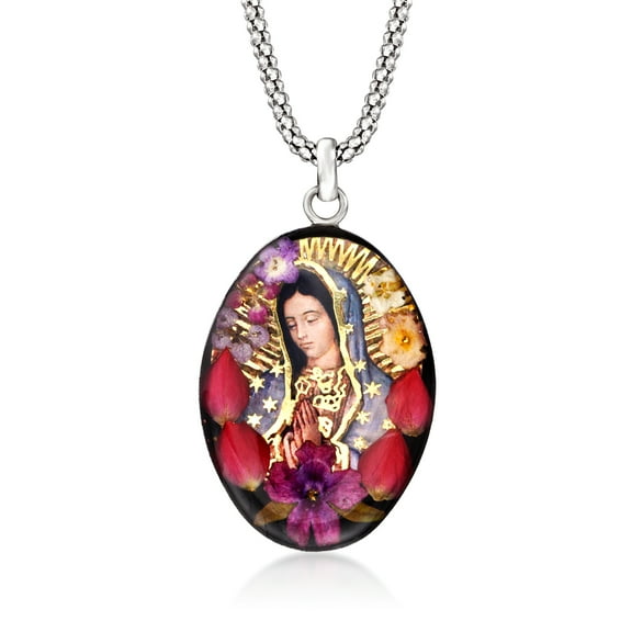 Ross-Simons Our Lady Of Guadalupe Pendant Necklace With Dried Flowers in Sterling Silver, Women's, Adult