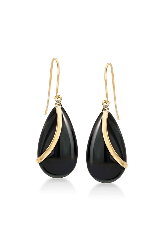 Pear-Shaped Black Onyx Drop Earrings in 14kt Yellow Gold, Women's, Adult