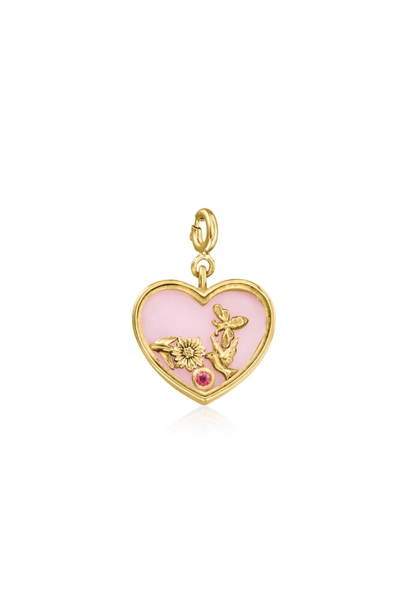 Pink Opal Heart Charm With Single Rhodolite Garnet in 18kt Gold Over Sterling, Women's, Adult