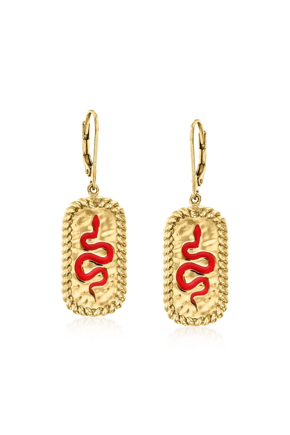 Red Enamel and 18kt Gold Over Sterling Snake Drop Earrings, Women's, Adult