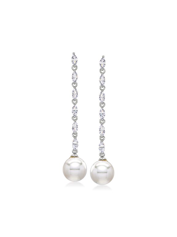 Rhodium-Plated Drop Earrings With Shell Pearls and 2.16 ct. t.w. Czs, Women's, Adult