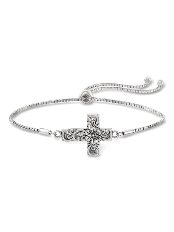 Sterling Silver Bali-Style Floral Cross Bolo Bracelet, Women's, Adult