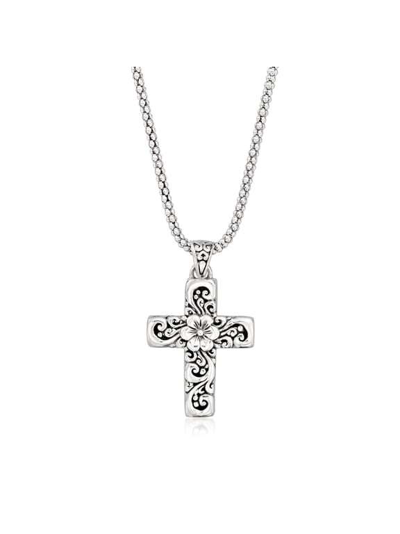 Sterling Silver Bali-Style Floral Cross Pendant Necklace, Women's, Adult