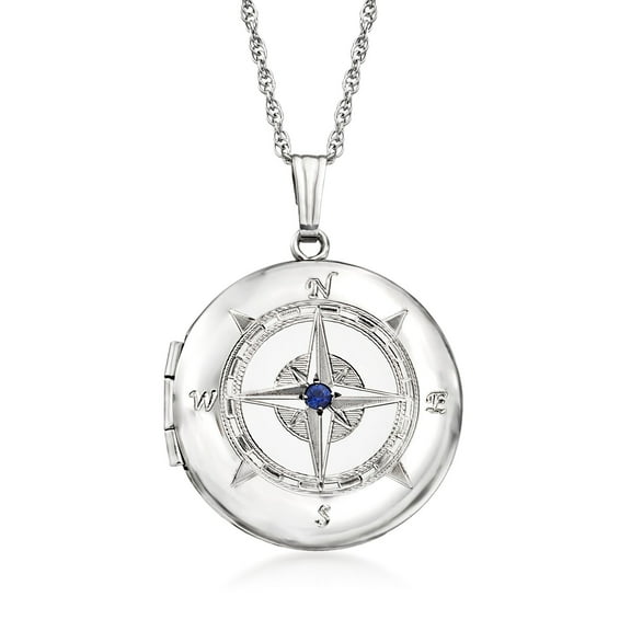 Ross-Simons Sterling Silver Compass Locket Pendant Necklace With Sapphire Accent, Women's, Adult