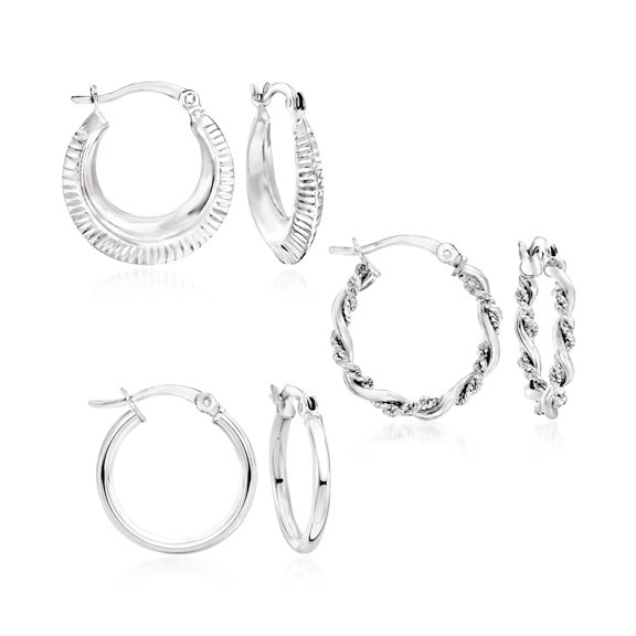 Ross-Simons Sterling Silver Jewelry Set: 3 Pairs Of Textured and Polished Hoop Earrings, Women's, Adult