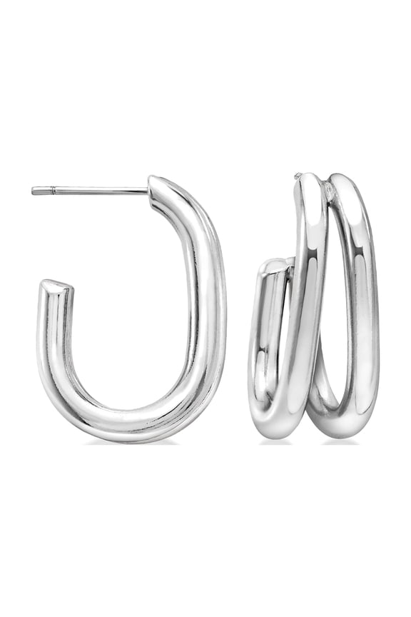 Sterling Silver-Plated Double-Row J-Hoop Earrings, Women's, Adult