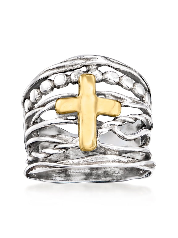Sterling Silver and 14kt Yellow Gold Multi-Row Cross Ring, Women's, Adult