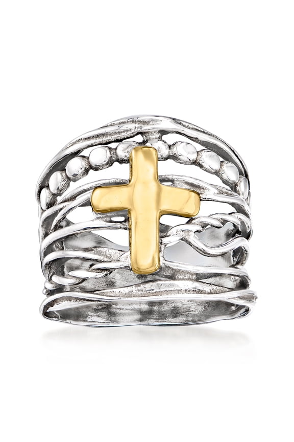 Sterling Silver and 14kt Yellow Gold Multi-Row Cross Ring, Women's, Adult