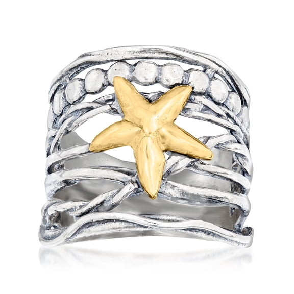 Ross-Simons Sterling Silver and 14kt Yellow Gold Multi-Row Starfish Ring, Women's, Adult