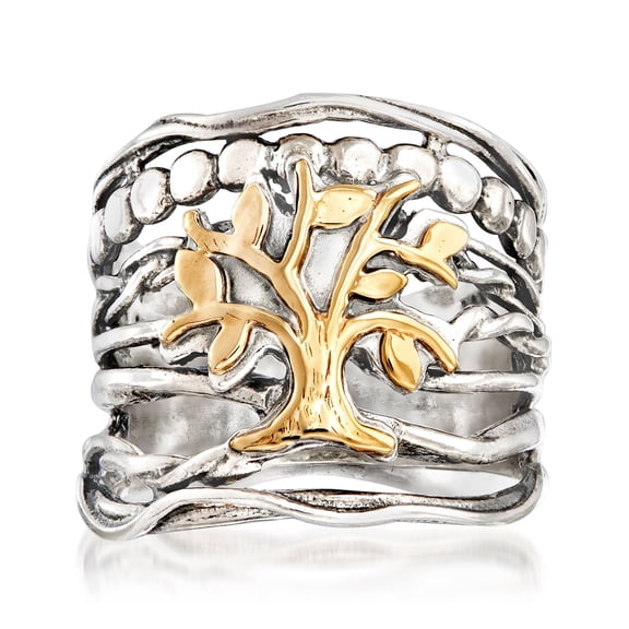 Ross-Simons Sterling Silver and 14kt Yellow Gold Multi-Row Tree Of Life Ring, Women's, Adult
