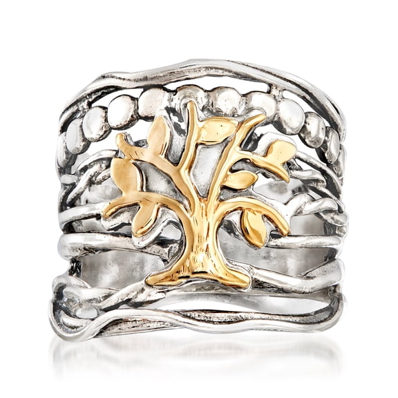 Ross-Simons Sterling Silver and 14kt Yellow Gold Multi-Row Tree Of Life Ring, Women's, Adult