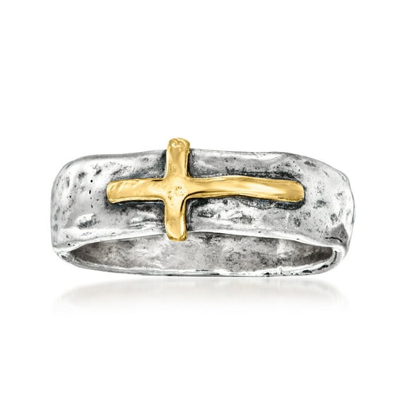 Ross-Simons Sterling Silver and 14kt Yellow Gold Sideways Cross Ring, Women's, Adult