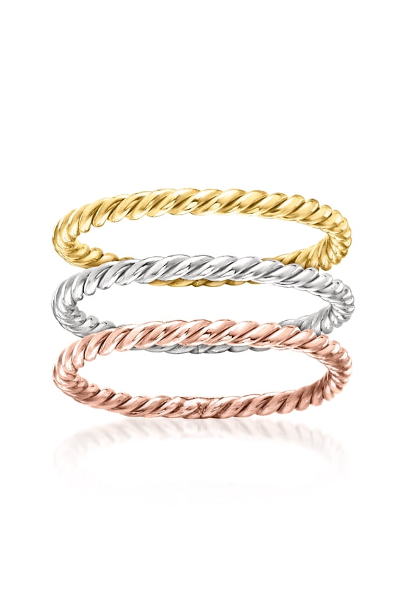 Sterling Silver and 18kt 2-Tone Gold Over Sterling Jewelry Set: 3 Roped Rings, Women's, Adult