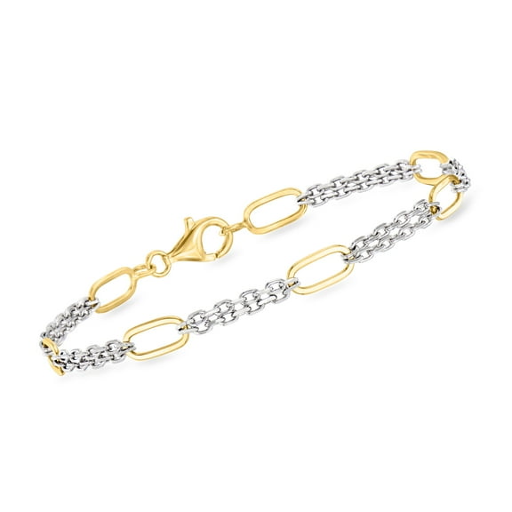 Ross-Simons Sterling Silver and 18kt Gold Over Sterling Cable and Paper Clip Link Station Bracelet, Women's, Adult