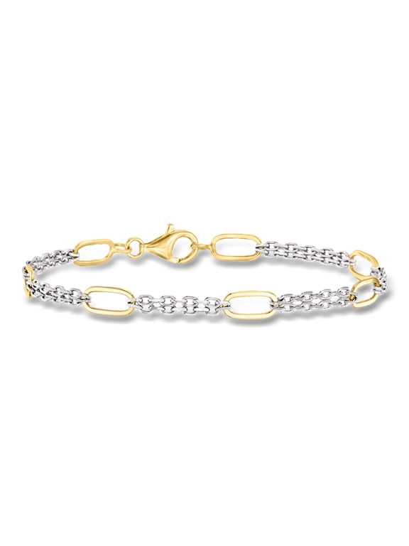 Sterling Silver and 18kt Gold Over Sterling Cable and Paper Clip Link Station Bracelet, Women's, Adult