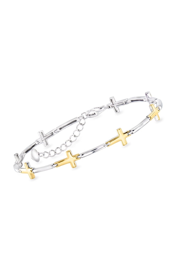 Sterling Silver and 18kt Gold Over Sterling Cross Bracelet, Women's, Adult