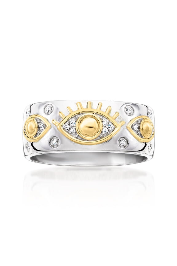 Sterling Silver and 18kt Gold Over Sterling Evil Eye Ring With Diamonds, Women's, Adult