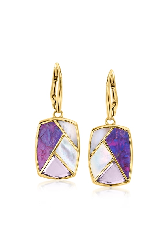 Tonal Purple Multi-Gemstone Inlay Drop Earrings in 18kt Gold Over Sterling, Women's, Adult