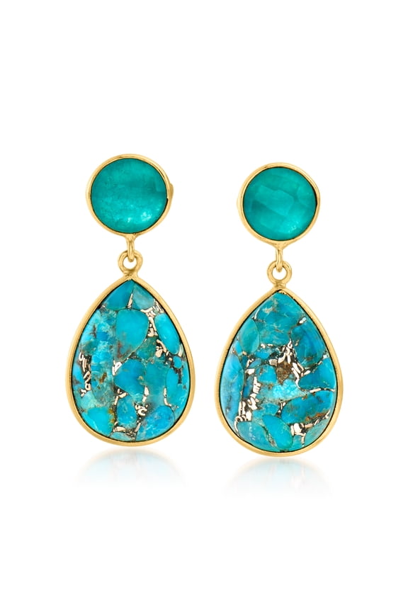 Turquoise and 3.60 ct. t.w. Green Quartz Drop Earrings in 18kt Gold Over Sterling, Women's, Adult