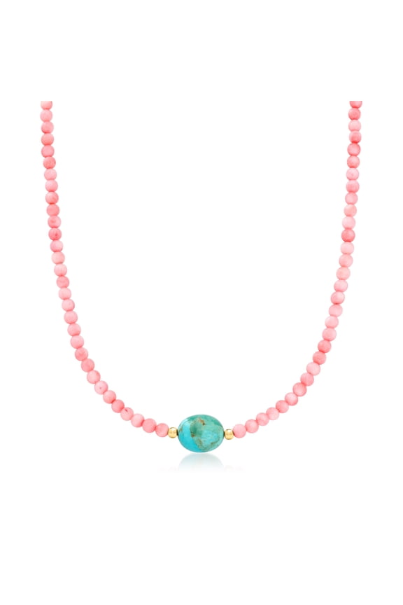 Turquoise and Pink Coral Bead Necklace With 18kt Gold Over Sterling, Women's, Adult