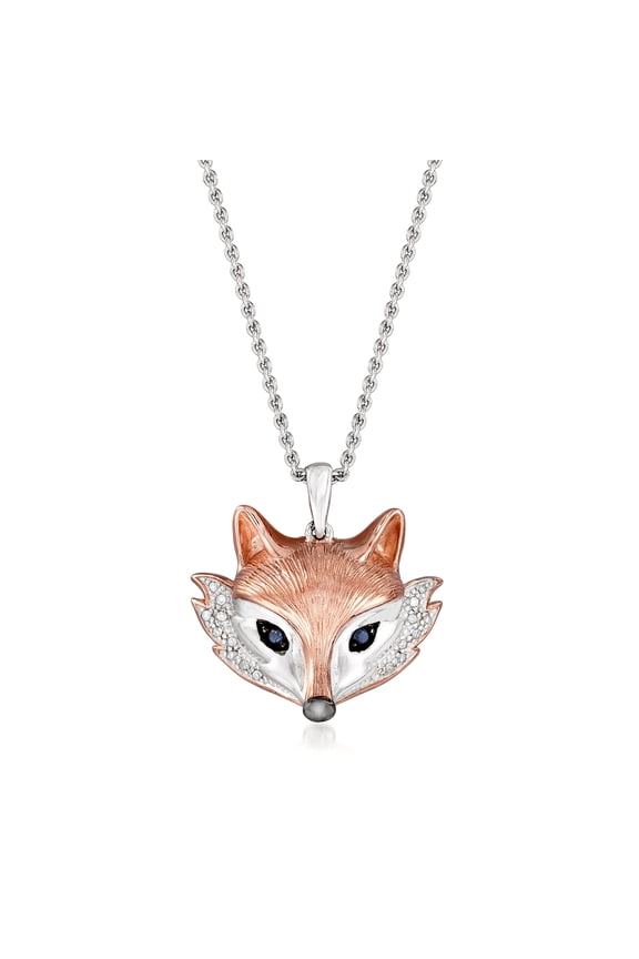 Two-Tone Sterling Silver Fox Pendant Necklace With Diamond and Sapphire Accents, Women's, Adult
