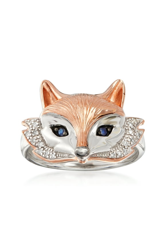 Two-Tone Sterling Silver Fox Ring With Sapphire and Diamond Accents, Women's, Adult