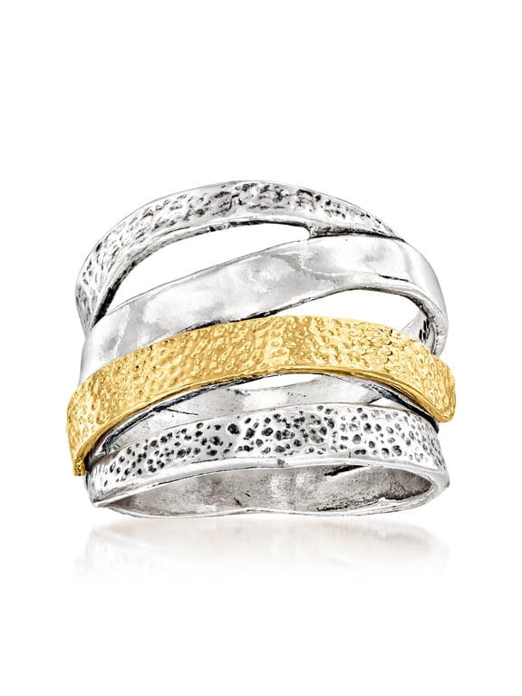 Two-Tone Sterling Silver Textured and Polished Multi-Row Ring, Women's, Adult