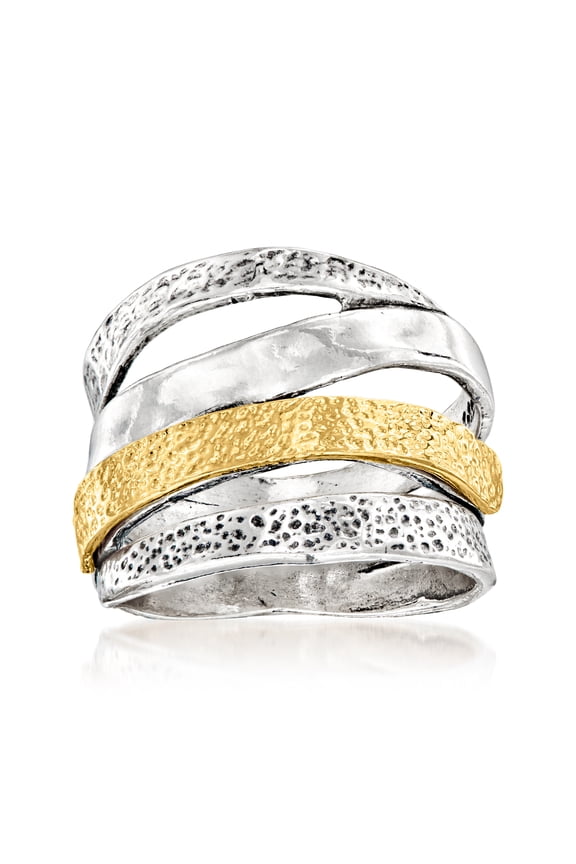 Two-Tone Sterling Silver Textured and Polished Multi-Row Ring, Women's, Adult