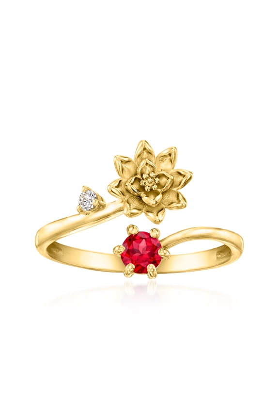 Waterlily Flower/July Birthstone Ring With .20 Carat Lab-Grown Ruby and Single Lab-Grown Diamond in 18kt Gold Over Sterling, Women's, Adult