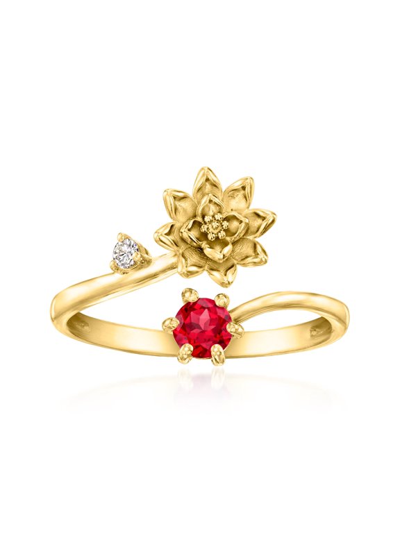Waterlily Flower/July Birthstone Ring With .20 Carat Lab-Grown Ruby and Single Lab-Grown Diamond in 18kt Gold Over Sterling, Women's, Adult